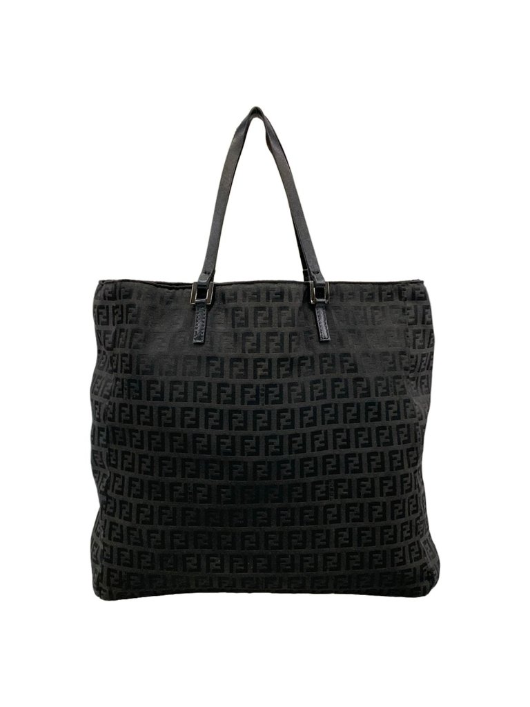 Fendi Tote Zucchino Pattern Black Leather